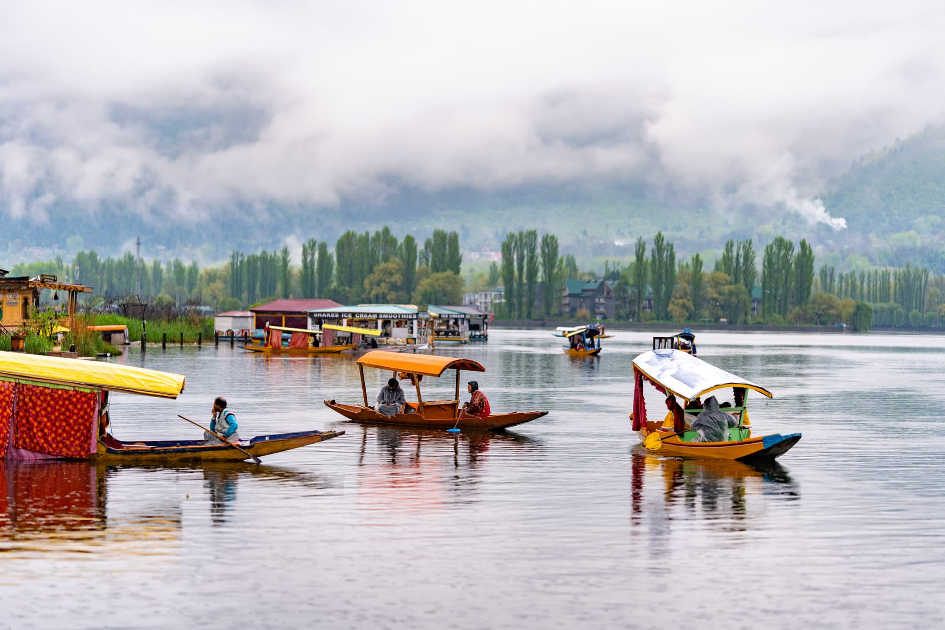 Shikara flotilla on misty water